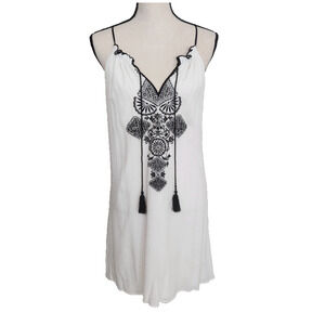 Y2K Crinkle Gauze Embroidered Tassel Halter Top Swim cover White Boho festive L